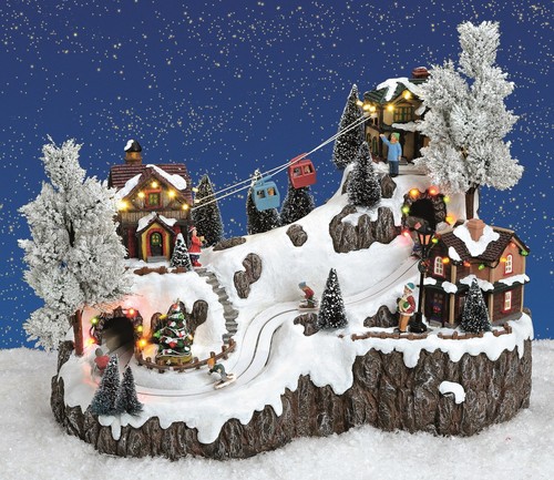XL Beleuchtete Weihnachtsszene Winterszene Seilbahn Musik Licht Kinder Gondeln
