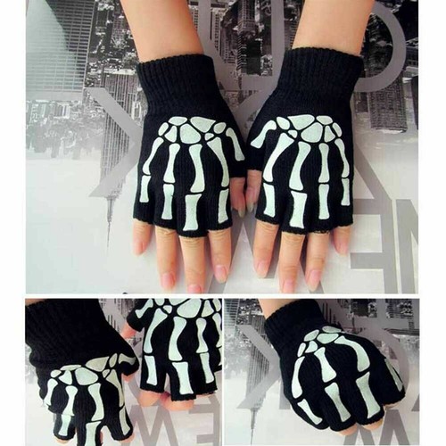 Gothic Knitted Black with White Skeleton Bones Fingerless Skull Punk Gloves U0N8