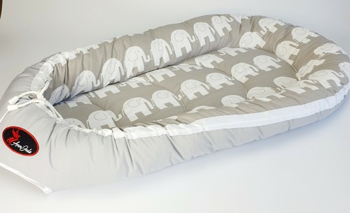 BABY NEST POD COCOON normal size 0-6 m HIGH QUALITY white elephants light grey