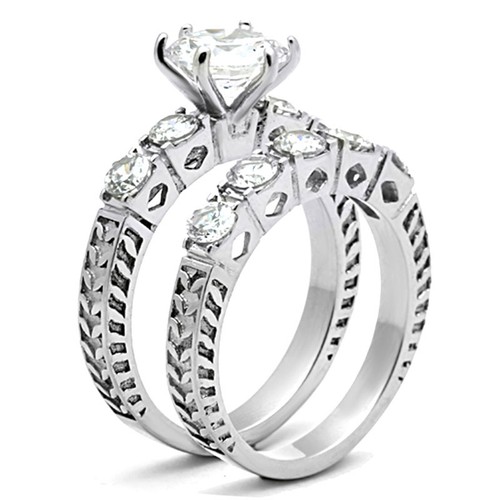 8MM Round Shape Wedding Engagement Rhodium EP Ladies Ring Set