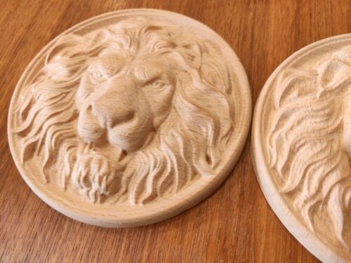 Lion Head Applique Carved Beech Wood Rustic moulding furniture Door decor 2X Set