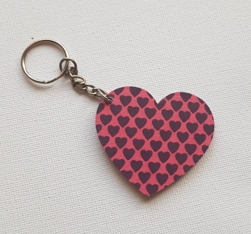 Handmade Wooden Heart Keyring Keychain Pink With Purple Hearts Print