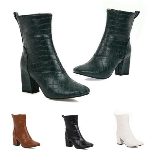 4 Farben Eckig 34-48 Pumps Blockabsatz Knöchel Damenstiefeletten Reptil-Optik