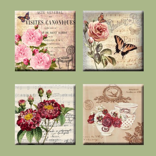 4.25/" #2 Post Caed Vintage Illustration Tile Ceramic Coasters Set of 4