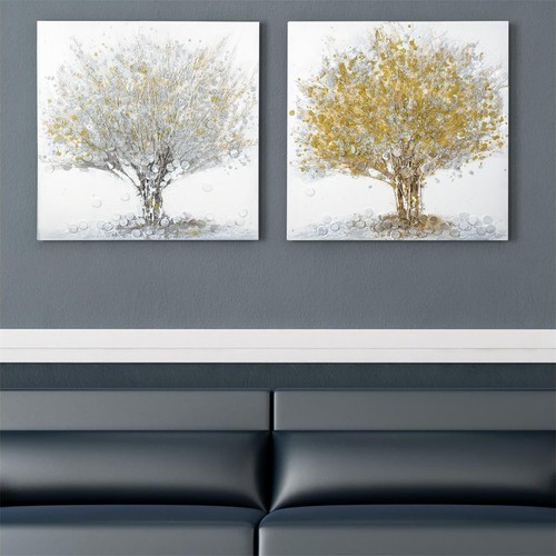 Exklusives Wandbild Baum 2tlg á50x50cm handgemalt mit 3D Effekt weiß silber gold