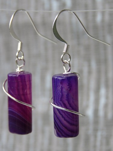 Silver Plated Purple Stripe Agate Hook Earrings