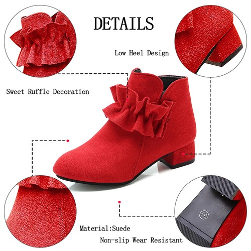 Girls Kids Low Heels Ruffled Suede Ankle Shoes Princess Party School Shoes Size