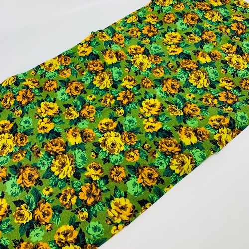Vintage Cotton Fabric 1960/'s Floral Yellow Avocado Green Brown Roses Flowers