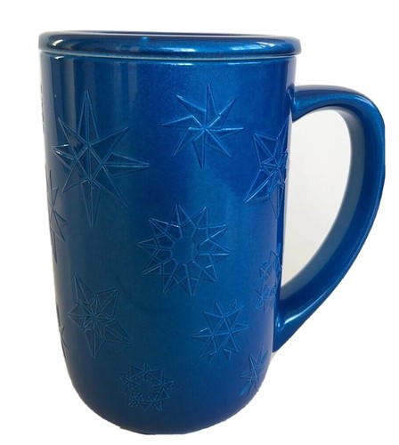 Davids Tea Nordic Mug with lid Embossed Snowflake Lapis 16 oz// 473 ml