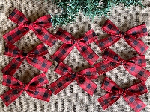 8 Handmade Bows ~ Red Gingham Buffalo Check Primitive Farmhouse Christmas