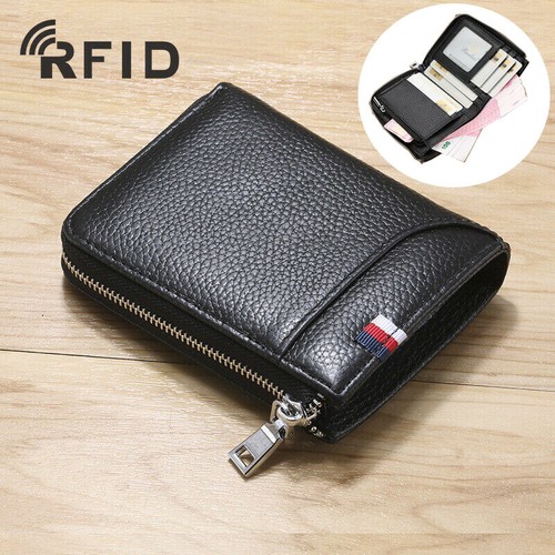 Leather Men/'s Zipper Wallet RFID Blocking ID Card Holder Money Clip card holder