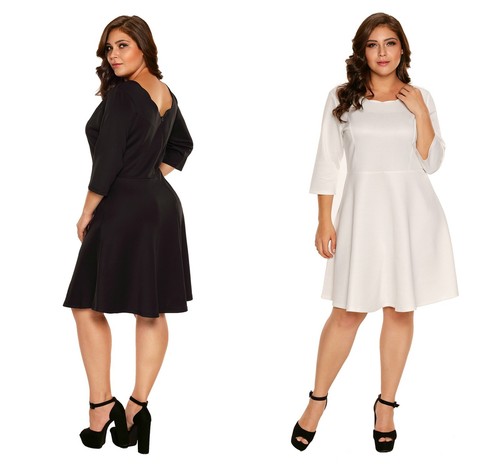 Ladies White Black Scalloped Neckline 3//4 Sleeve Skater Dress 16 18 20 22 24 26