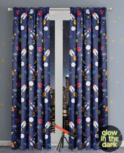 KIDS GLOW IN DARK SPACE ROCKET STARS BEDDING DUVET QUILT COVER SET OR CURTAINS