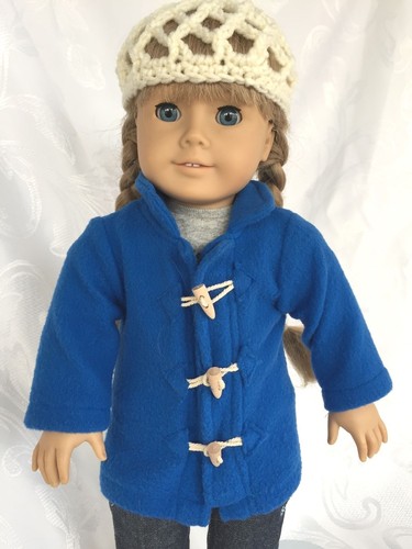 Cornflower Blue Toggle Coat /& Sweet Ecru Crocheted Cap for AG /& Many Dolls