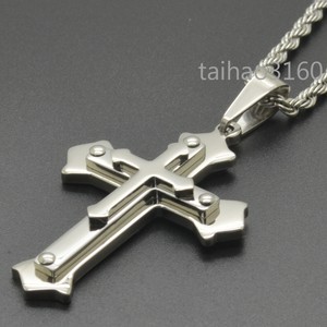 Fashion-Stainless-Steel-Silver-Shinny-Cross-Pendant-23-62-Rope-Chain-DX48