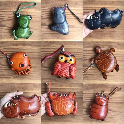 Genuine Leather Dark Gray Rhino Animal Kid Zipper Coin Purses Wallet Bag