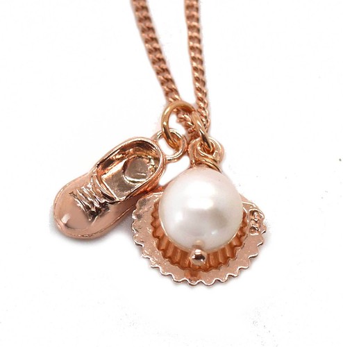 Taufgeschenk Taufschmuck Babyschuh Muschel mit Akoyaperle 585 rosé vergoldet
