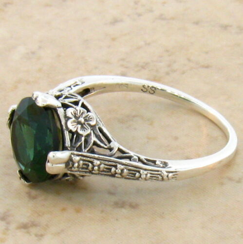 2.5 CT SIM EMERALD ENGAGEMENT 925 STERLING ANTIQUE DESIGN SILVER RING SZ 6 #756