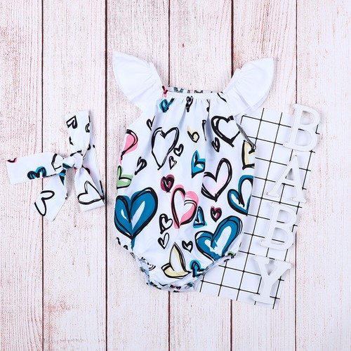 Newborn Baby Girl Ruffle Sleeveless Romper Heart Bodysuit Jumpsuit Outfit Summer
