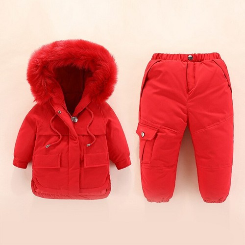 Baby Snowsuit Thick Warm Fluffy Fur Down Jacket+Jumpsuit Snow Wear Suits