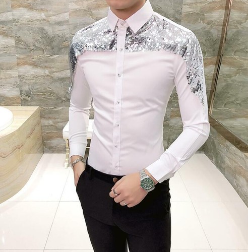 Hommes paillettes Slim Fit Boutonné à Manches Longues Shirts Lapel Tops Shiny M-3XL yoooc