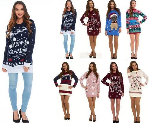 NUOVO Donne Ragazze Natale Xmas Jumper Tunica Vestito Festa Novità Retrò Maglione