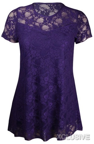 DAMEN ÜBERGRÖßE KURZÄRMELIGES TOP STRETCH FIT SPITZE BLUMENMUSTER KLEID 14-28