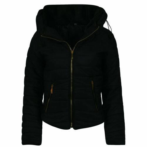 Womens Quilted Padded Puffer Bubble Jacket Warm Thick Fur Collar Hooded Coat NEW
