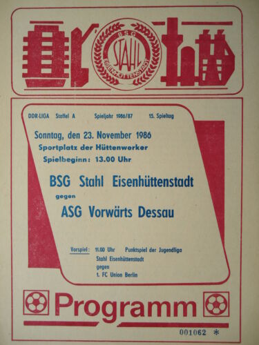Vorwärts Dessau Programm 1986//87 BSG Stahl Eisenhüttenstadt