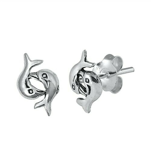 Dolphins Stud Earrings Genuine Sterling Silver 925 Jewelry Product Height 9 mm