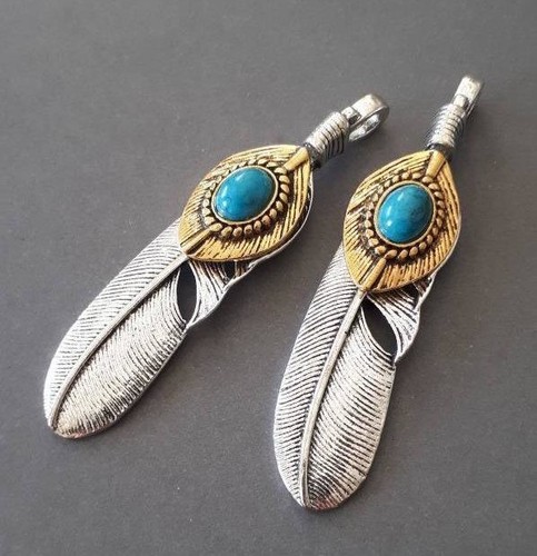 green Turquoise large Feather charm 2.5/" big feather charm pendant w// big hole