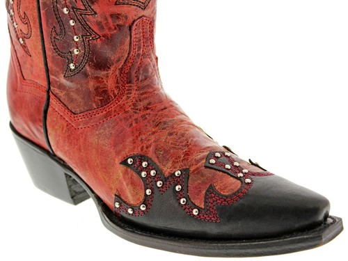 Womens Red Western Cowgirl Leather Boots Overlay Design Snip Toe