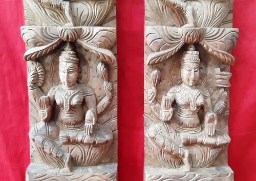 Hindu Temple Ashta Lekshmi Vertical Panel Devi Lakshmi Wooden Wall Statue Pair