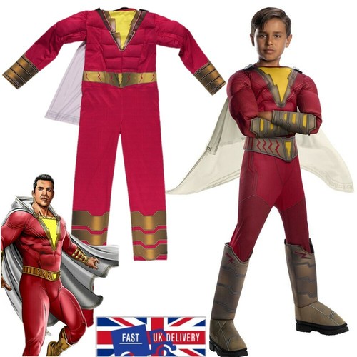 UK Boys Shazam Jumpsuit Cosplay Kids Captain Marvel Billy Batson Fancy Costume