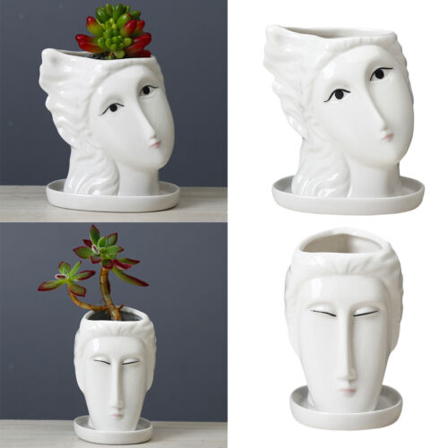 Ceramic Portrait Face Head Flower Planter Plant Pot Flowerpot Desktop White 