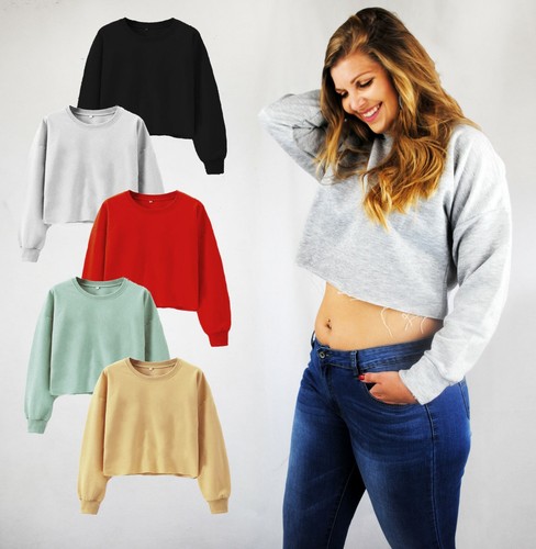 LADIES OVERSIZE CROPPED SWEATSHIRT JUMPER CUT FRAYED HEM GREY BLACK RED 10-14