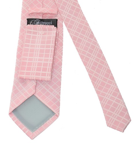 Mens Pink Diamond Plaid Pattern Regular Length Neck Tie /& Pocket Square Set