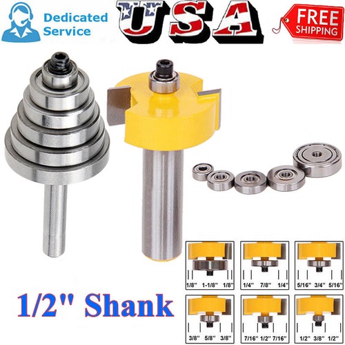 1//2/" Shank Carbide Steel 1//2/" H Rabbet Router Bit /& 7 Bearings Trimmer Set US