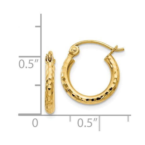 14K Yellow Gold Diamond-cut 2mm Tube Hoop Earrings ~ 13mm length