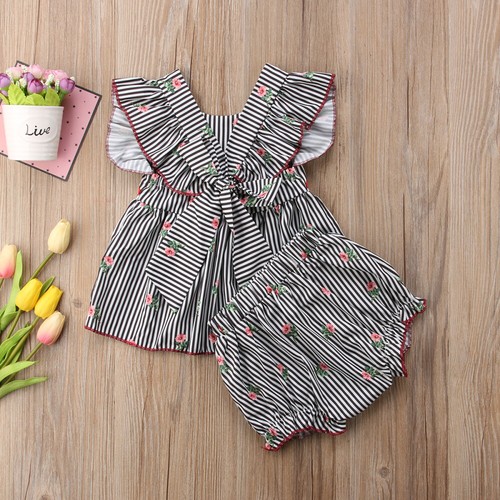 US 2PCS Toddler Girl Floral Striped Top Skirt+Shorts Outfits Set Sunsuit Clothes