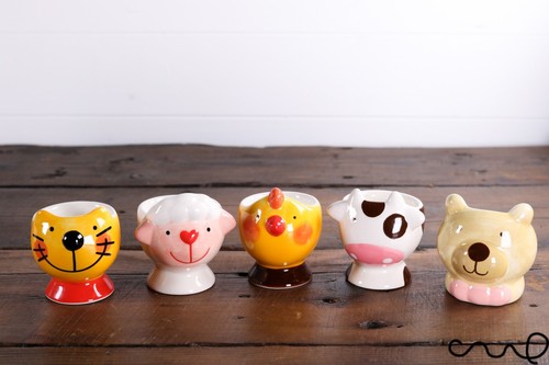 Set 5 Lovely Hand Painted Ceramic Egg Cup Cat Sheep Cow Chicken Bear Animal Gift