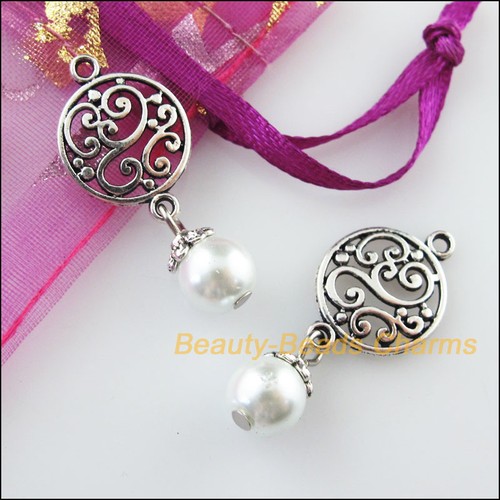 12 Tibetan Silver Tone Round Flower White Glass Beads Charms Pendants 14x32mm