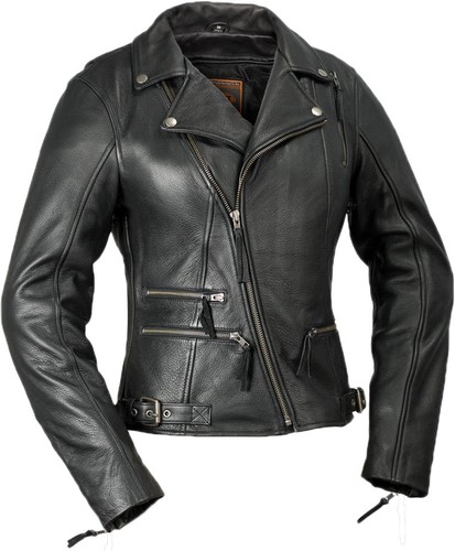 Ladies Classic Motorcycle Leather Jacket with Crossover Collar LC160