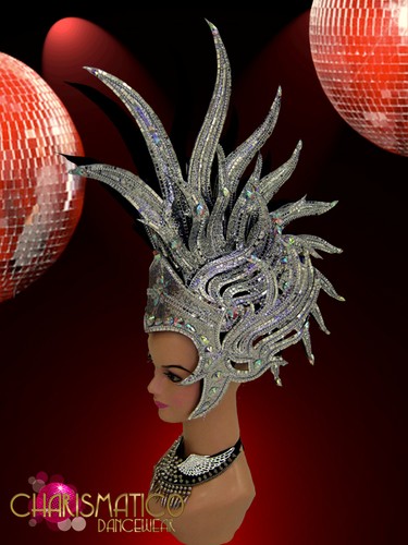 Silver glitter mirror tile trimmed crystal accented Mohawk Diva Headdress