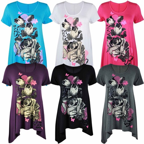 New Womens Hanky Hem Tops Graphic Floral Sequin Butterfly Print Tunic Top 8-26