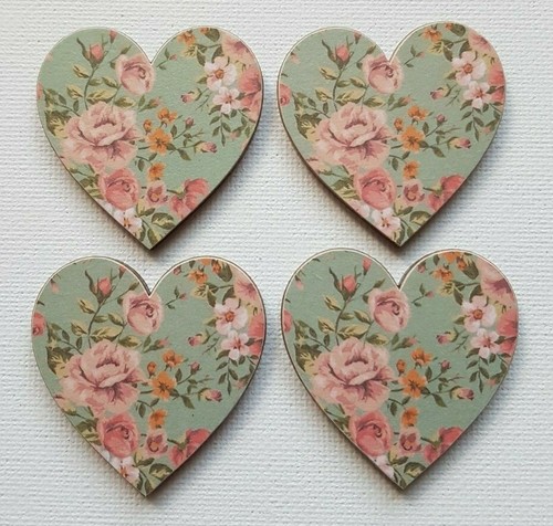 Handmade Set of 4 Wooden Heart Fridge Magnets Beautiful Vintage Floral Print