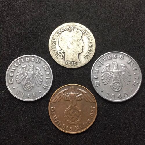 US Silver Barber Dime And 3 WW2 Germany Zinc And Bronze Reichspfennig Coin Lot