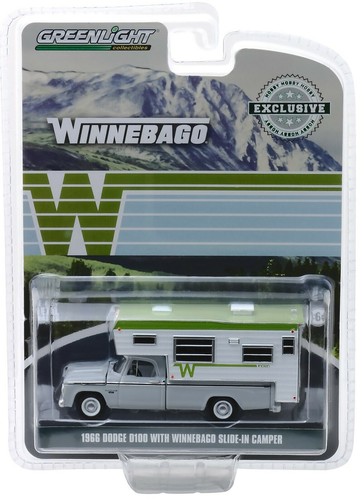 1:64 GreenLight *HOBBY EX* SILVER 1966 Dodge D-100 w//Winnebago Slide-in Camper