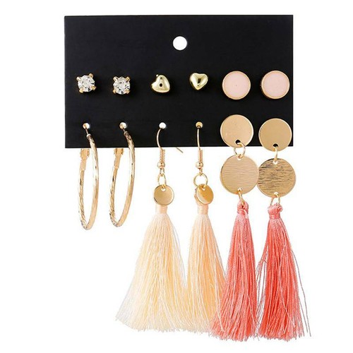 6Pairs Women Boho Earrings Tassel Crystal Pearl Set Ear Stud Dangle Jewelry Gift