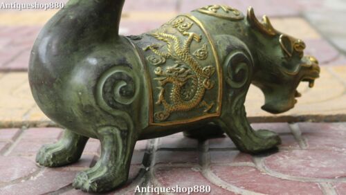 11/" Old Bronze Gilt Fengshui Double Head Dragon Pixiu Brave troops Beast Statue